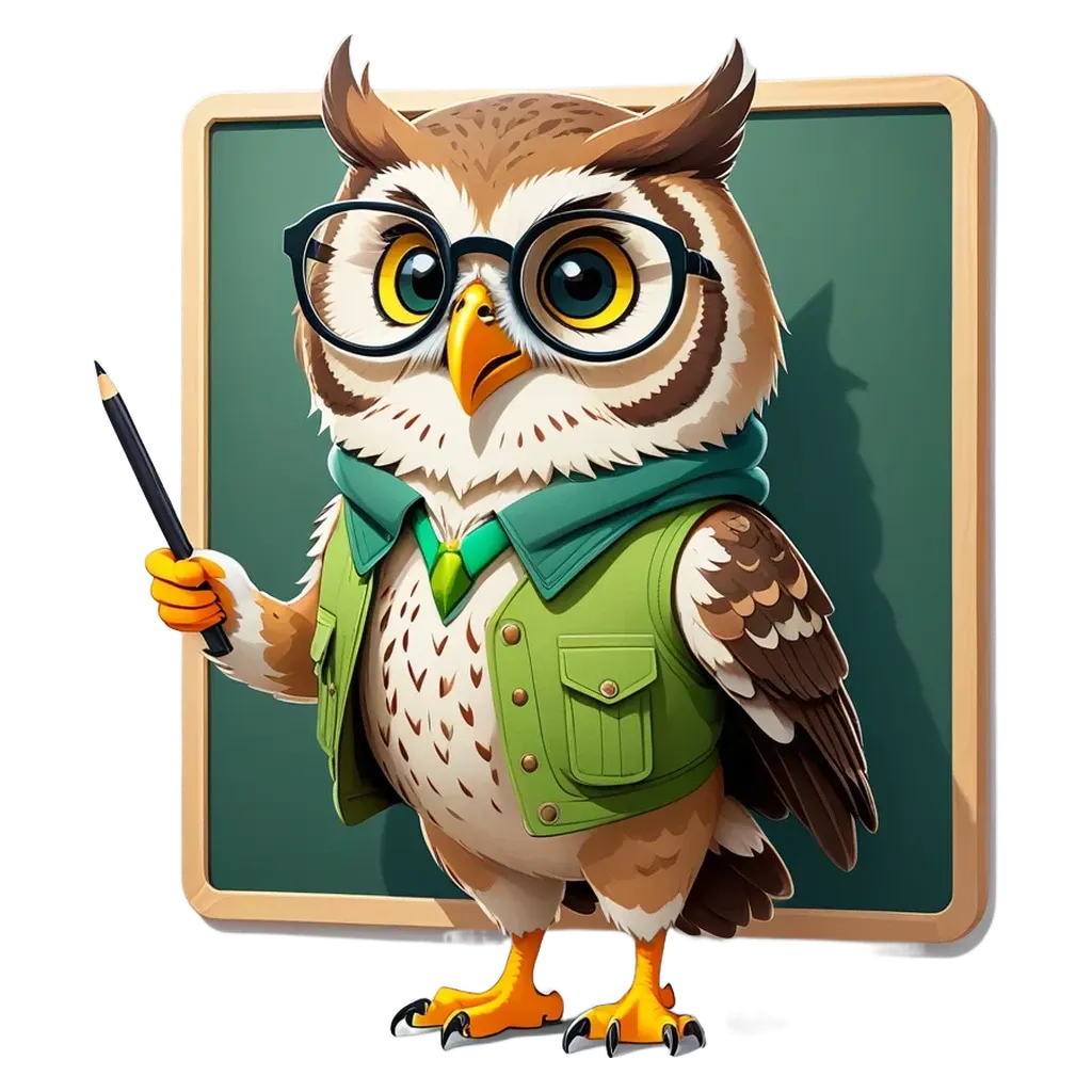 An owl wearing glasses is standing next to a blackboard.