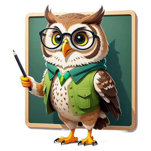 An owl wearing glasses is standing next to a blackboard.