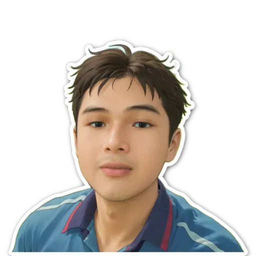 A boy with a blue shirt and blue hair.