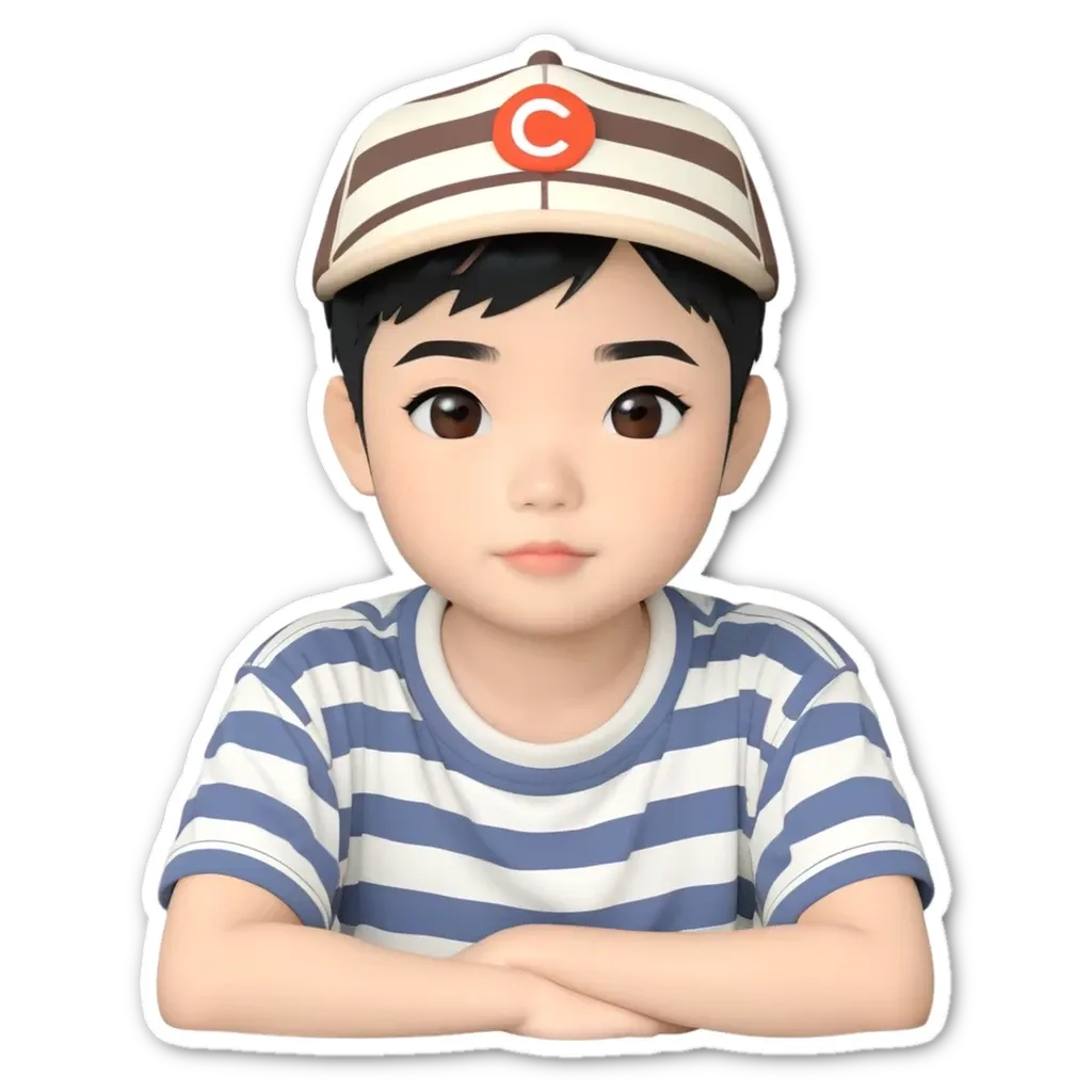 A boy wearing a striped shirt and a hat.