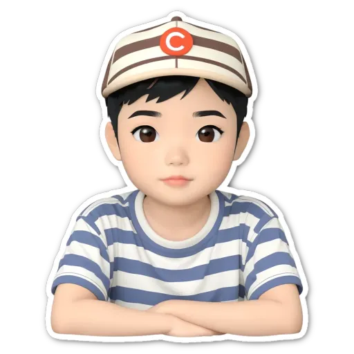 A boy wearing a striped shirt and a hat.