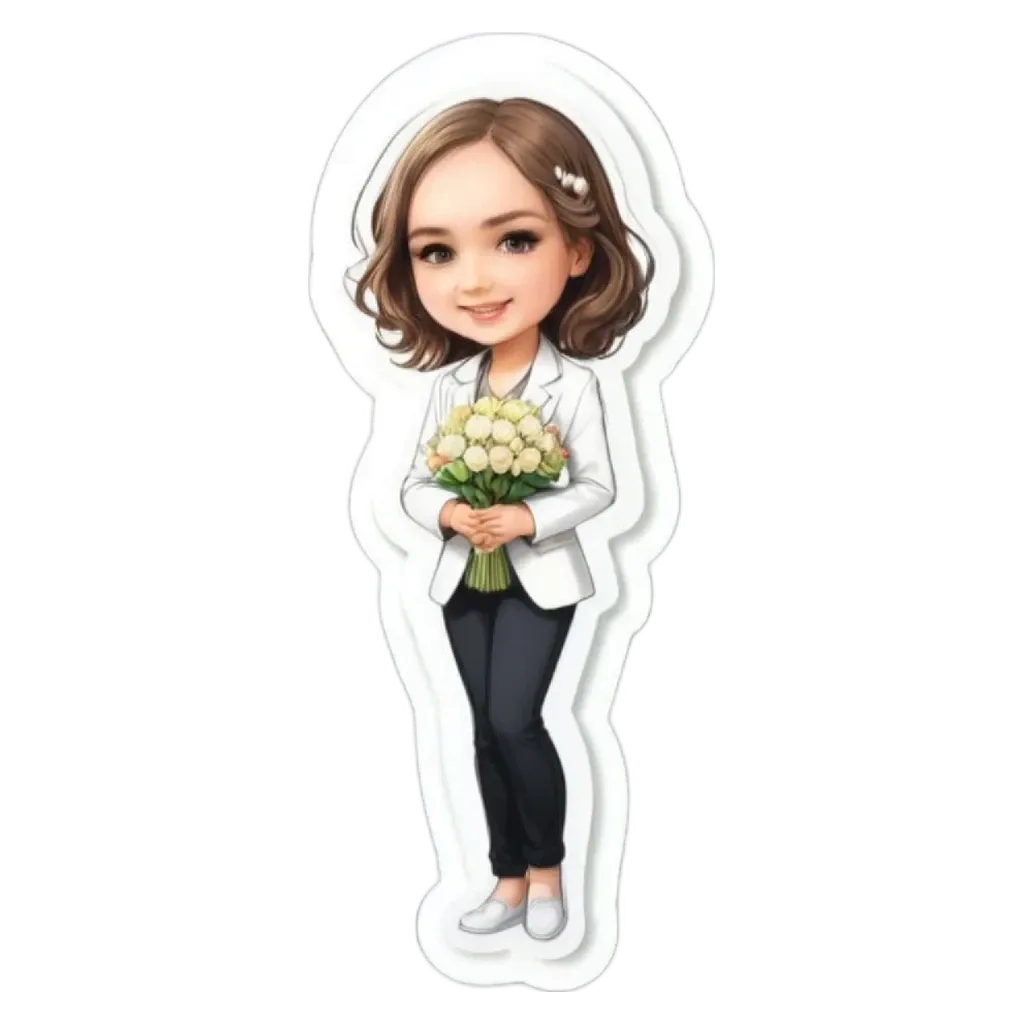 A girl holding flowers is stuck in a sticker.