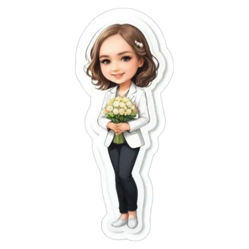 A girl holding flowers is stuck in a sticker.