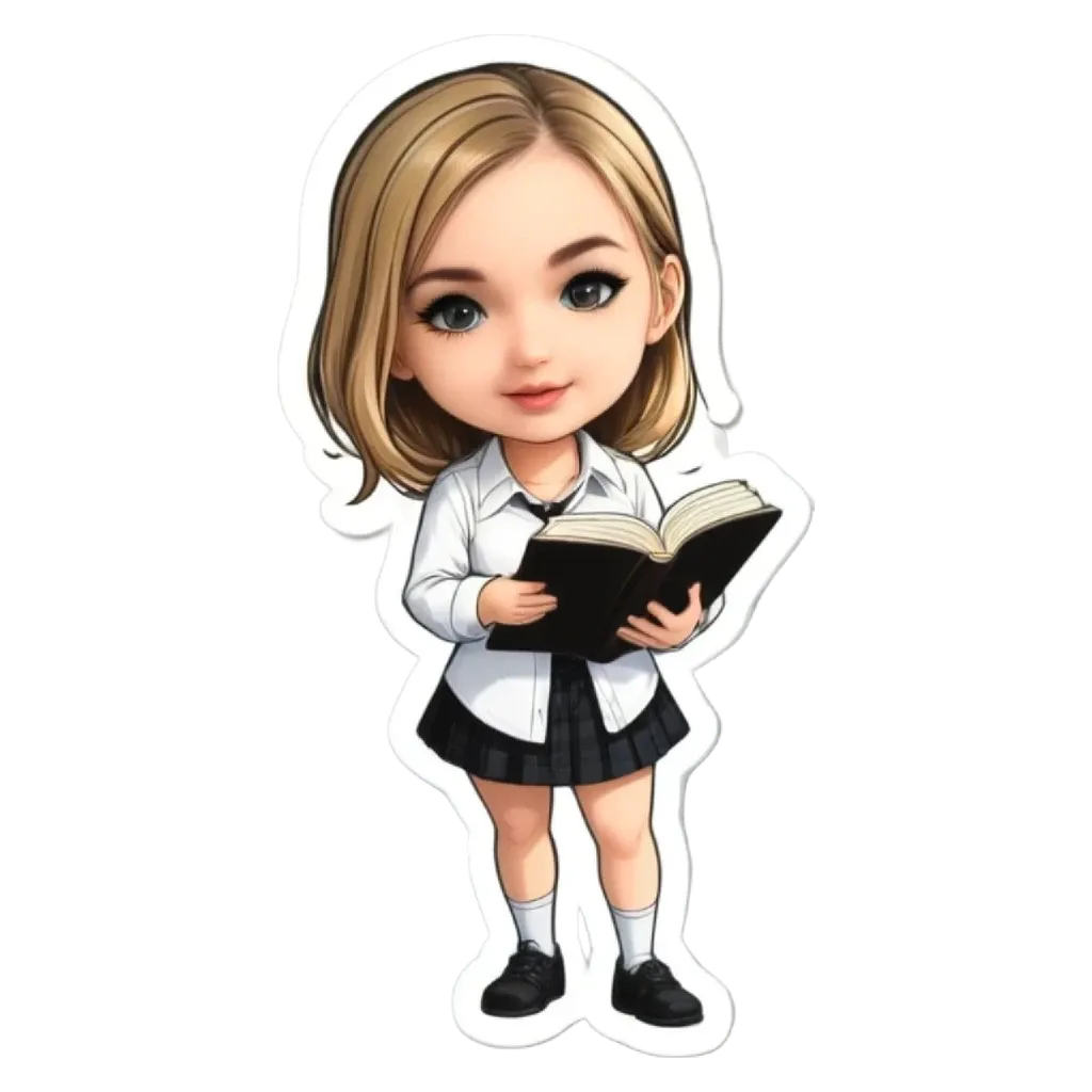 A girl reading a book with a sticker that says she is reading.