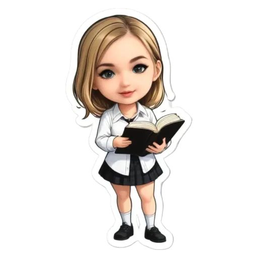 A girl reading a book with a sticker that says she is reading.