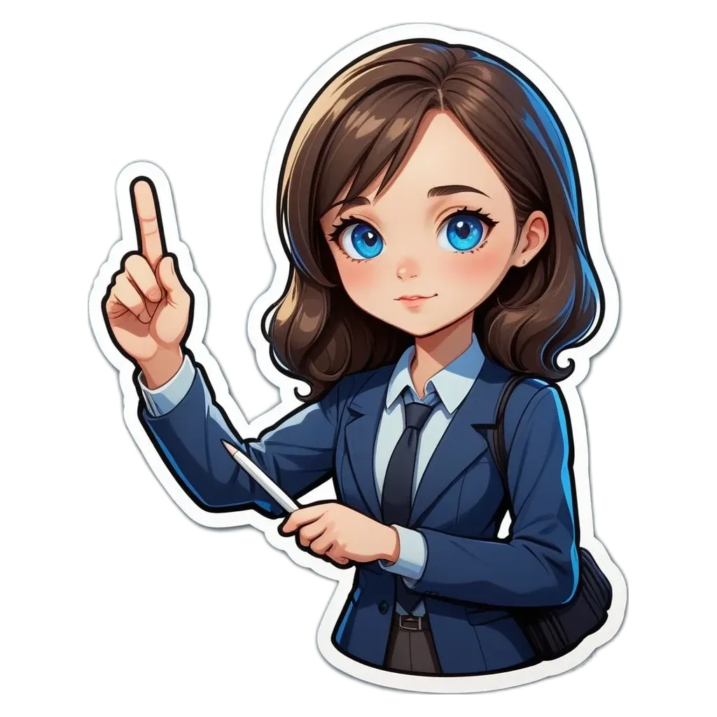 A cartoon woman pointing with her finger on an abstract design.