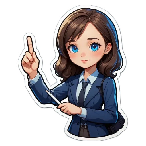 A cartoon woman pointing with her finger on an abstract design.