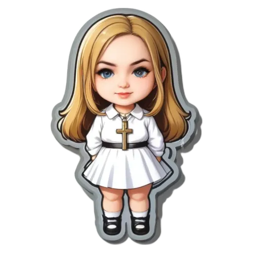 A girl with a cross on her dress is standing in a field.