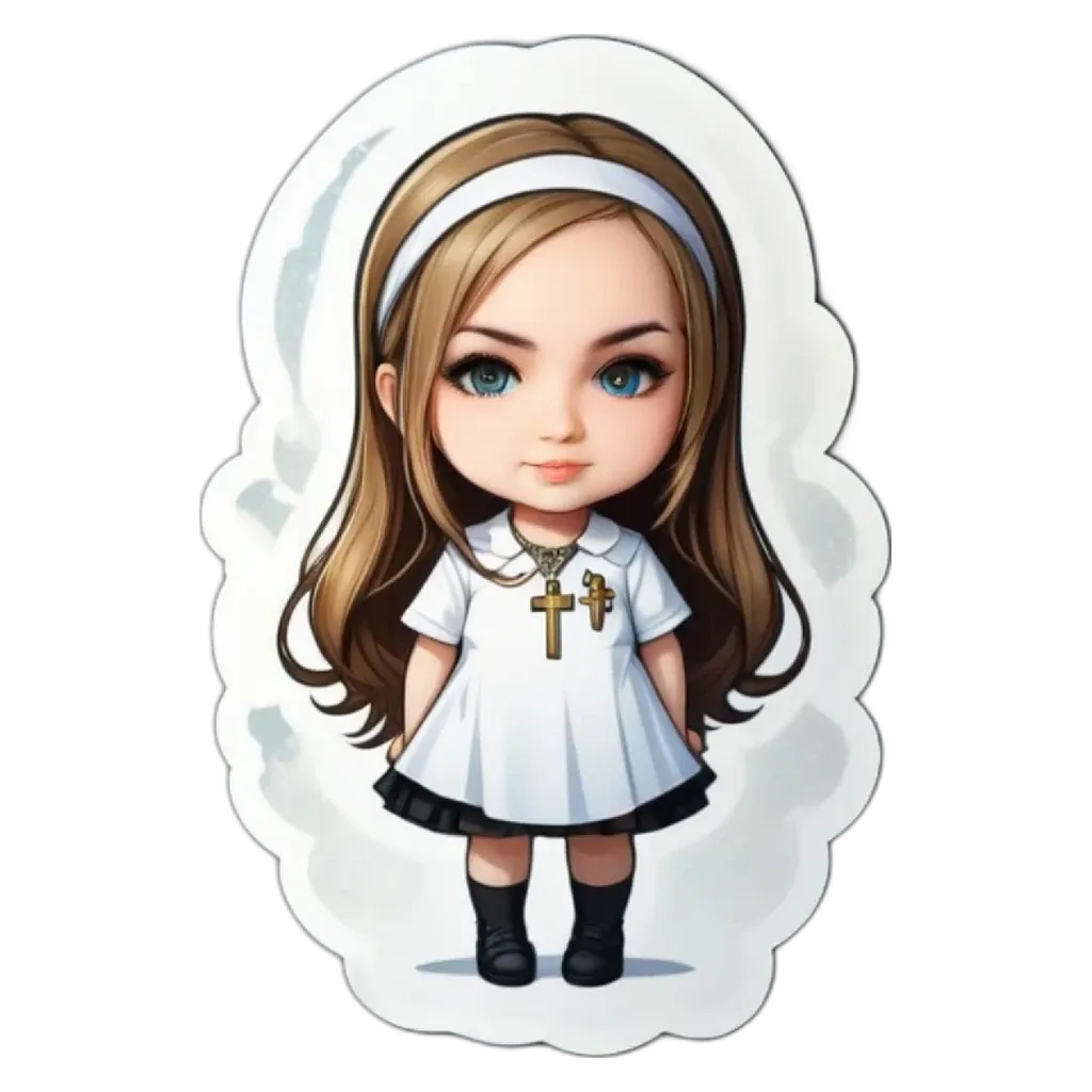 A girl with a cross on her shirt is wearing a white dress.