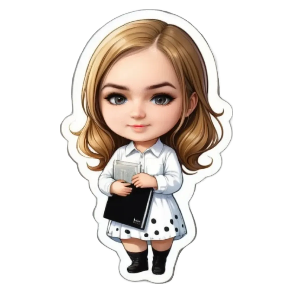 A cartoon girl holding a book in her right hand.