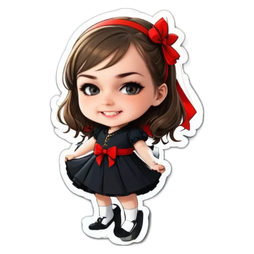 A cartoon girl wearing a black dress and a red bow on her head.