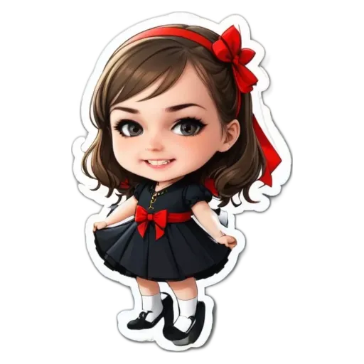 A cartoon girl wearing a black dress and a red bow on her head.