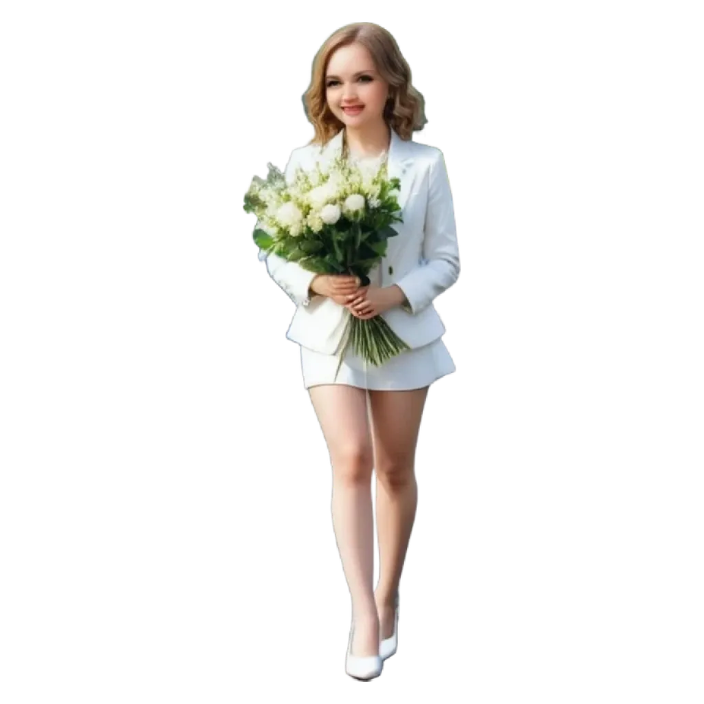 A woman in a white dress carrying a bunch of flowers.