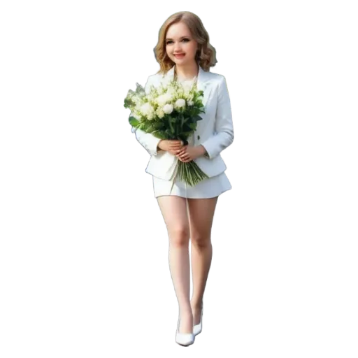 A woman in a white dress carrying a bunch of flowers.