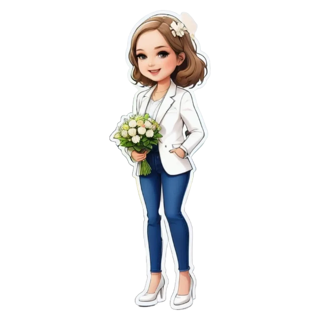 A cartoon woman holding a bouquet of white flowers.