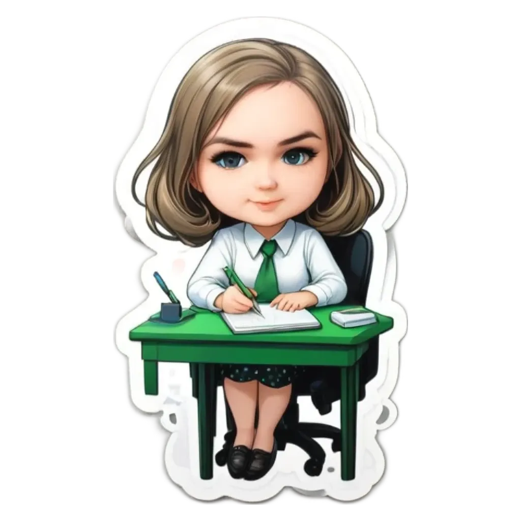 A cartoon woman is writing on a green desk.