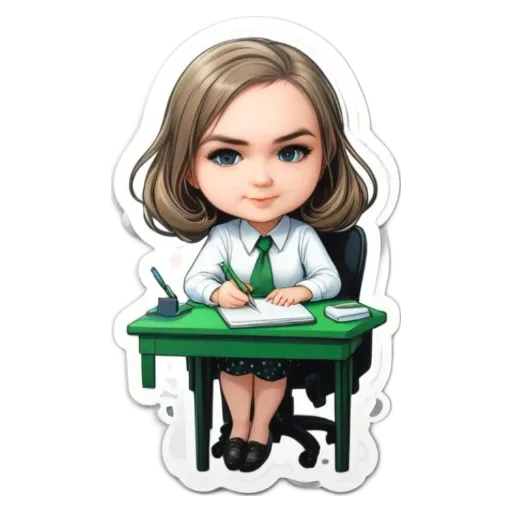 A cartoon woman is writing on a green desk.