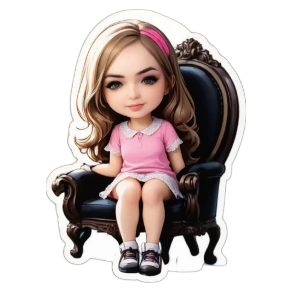 A girl is sitting on a chair in a pink dress.