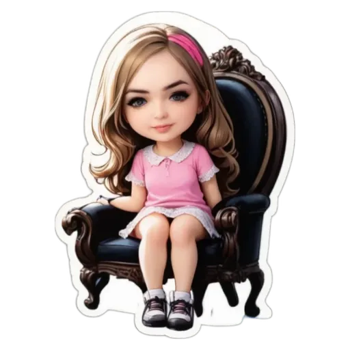 A girl is sitting on a chair in a pink dress.