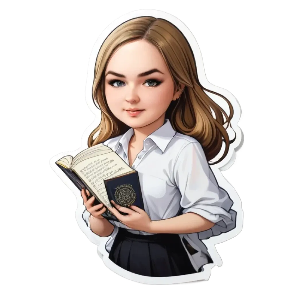 A girl reading a book with a sticker that says "this is an image of".