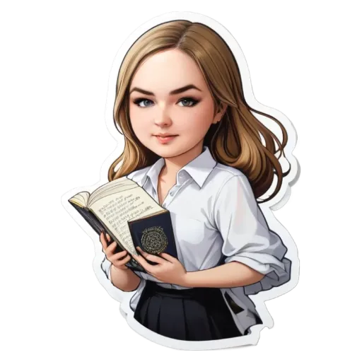 A girl reading a book with a sticker that says "this is an image of".