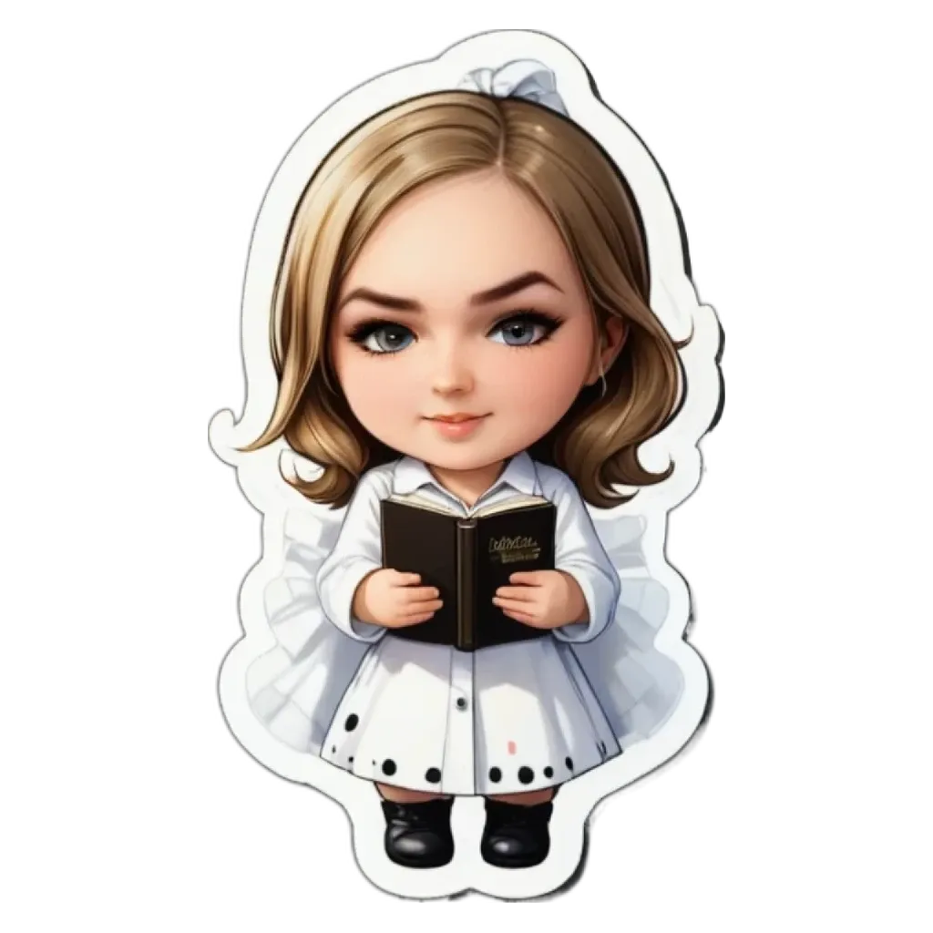 A girl reading a book with a sticker that says "infinity" on it.