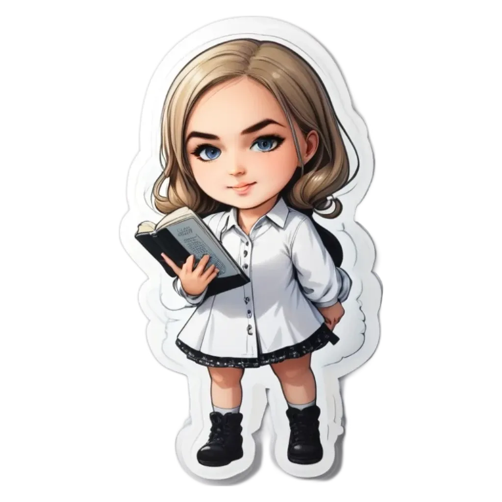 A girl reading a book with a sticker that has a picture of her.