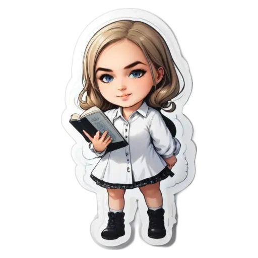 A girl reading a book with a sticker that has a picture of her.