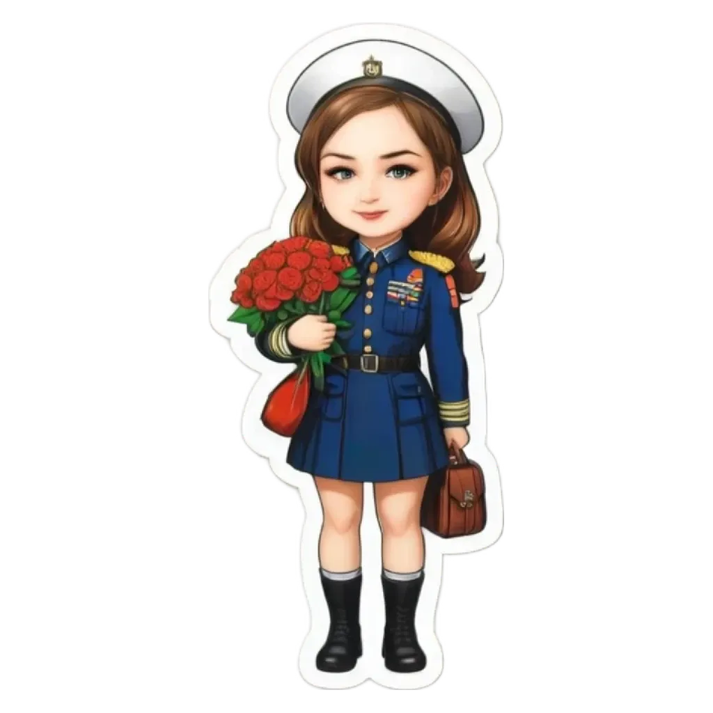 A girl in the military holding flowers and a bag.