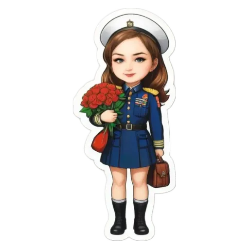 A girl in the military holding flowers and a bag.