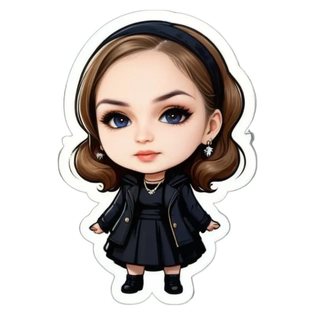 A cartoon girl wearing a black dress and hat.