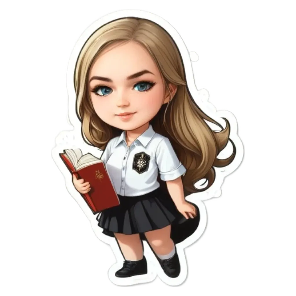 A cartoon girl that is wearing a school uniform and reading a book.