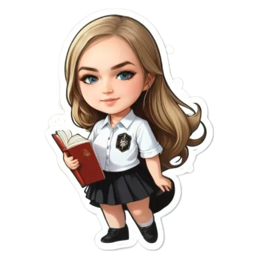 A cartoon girl that is wearing a school uniform and reading a book.