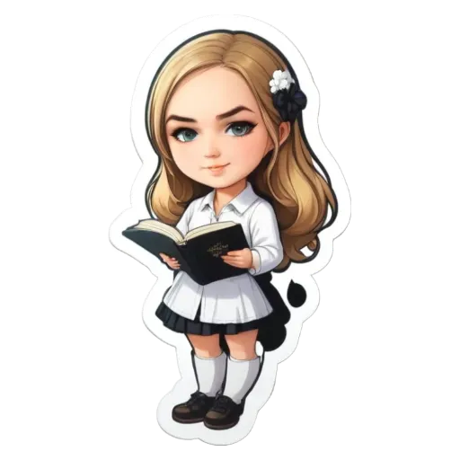 A girl reading a book with a sticker that has a girl reading as well.