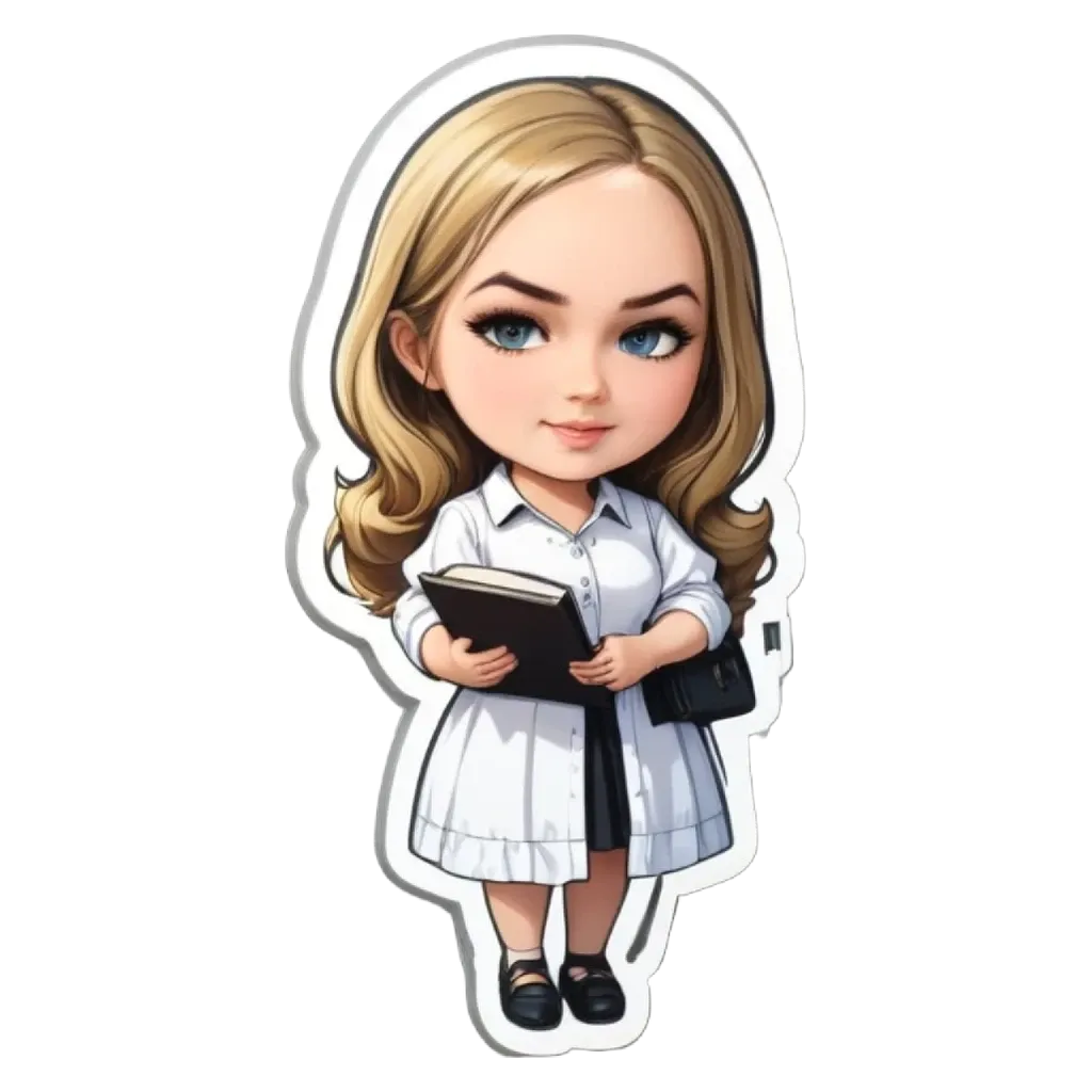 A girl is holding a book in a cartoon style.