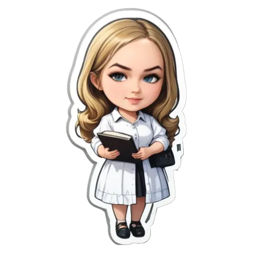 A girl is holding a book in a cartoon style.