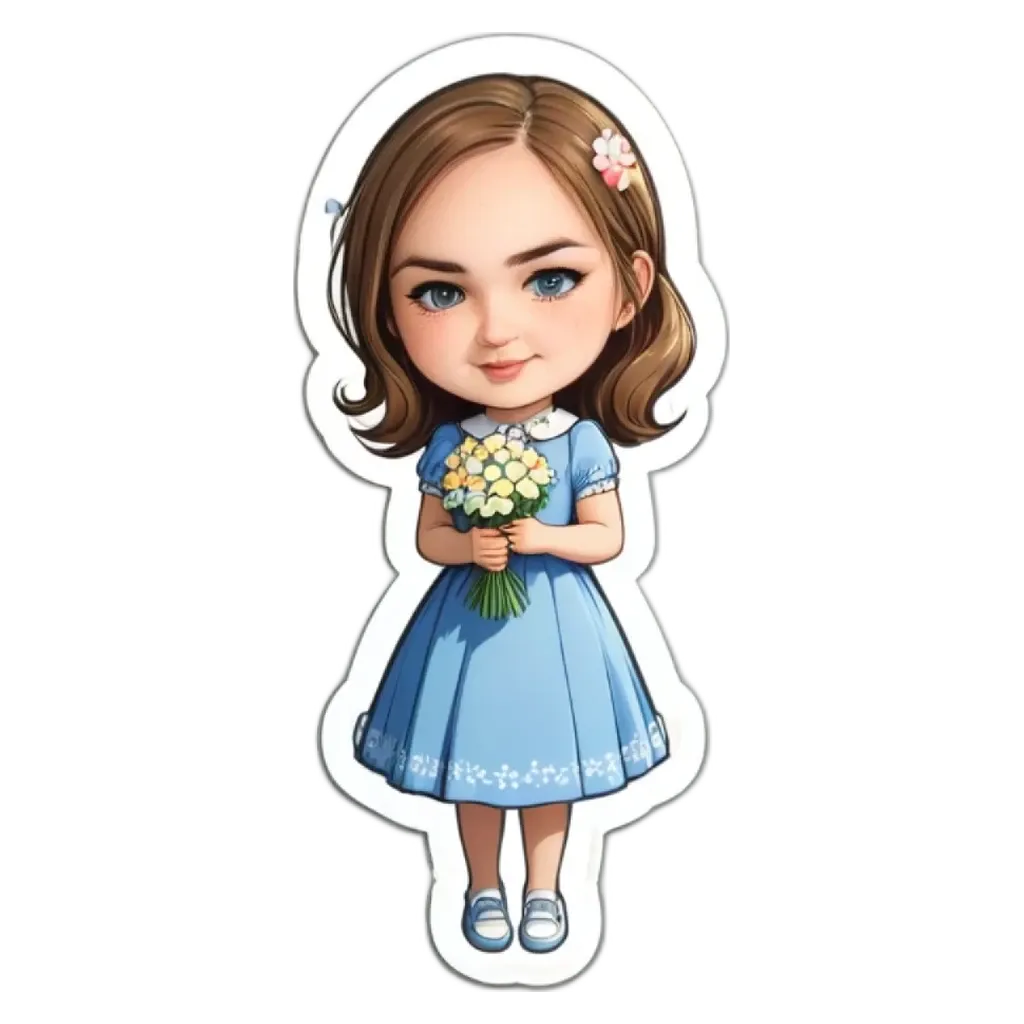 A girl wearing a blue dress with flowers in her hair holding a bouquet.