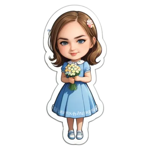 A girl wearing a blue dress with flowers in her hair holding a bouquet.