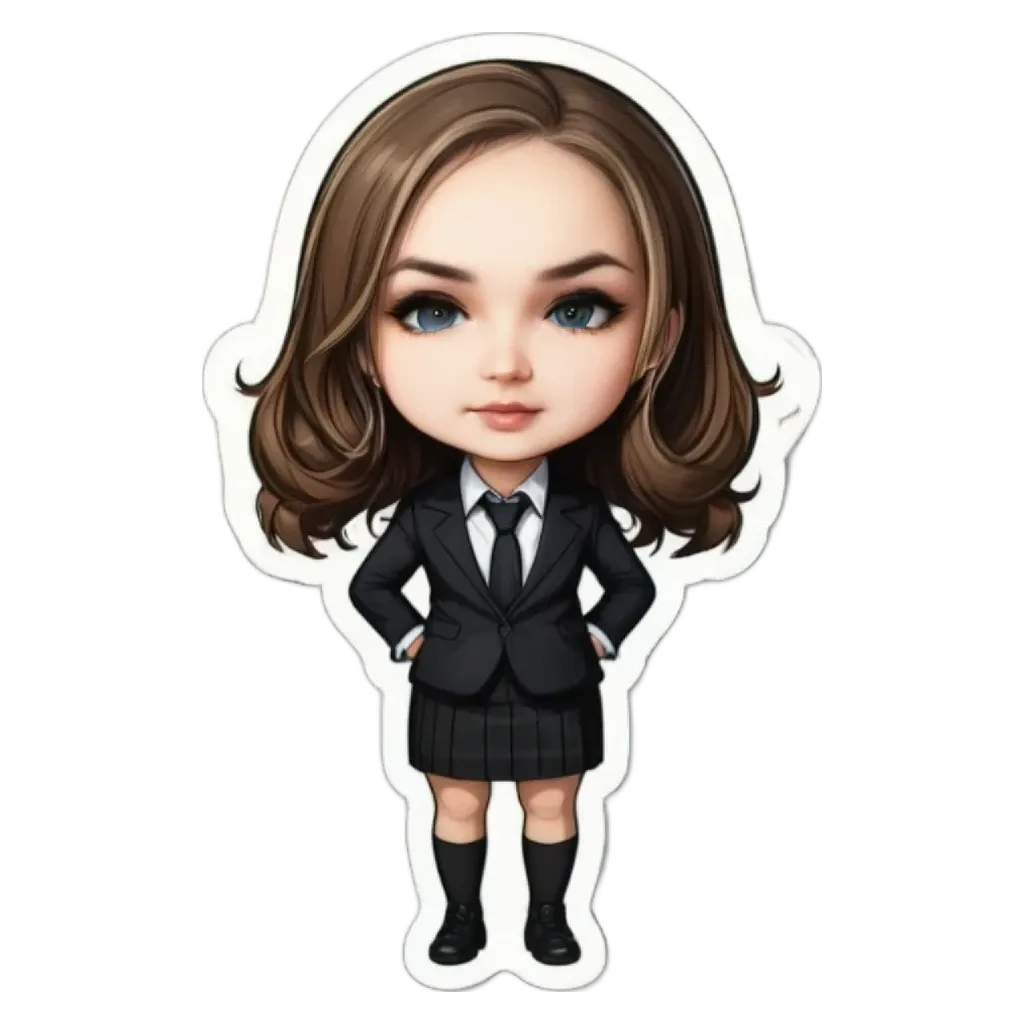 A girl is standing with her hands on her hips in a black skirt and jacket.