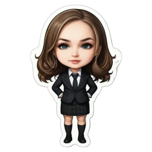 A girl is standing with her hands on her hips in a black skirt and jacket.