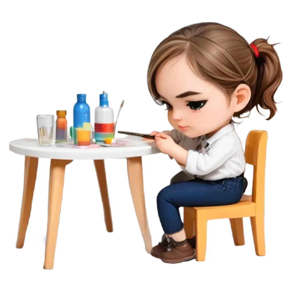 A girl is sitting at a table with a painting supplies.