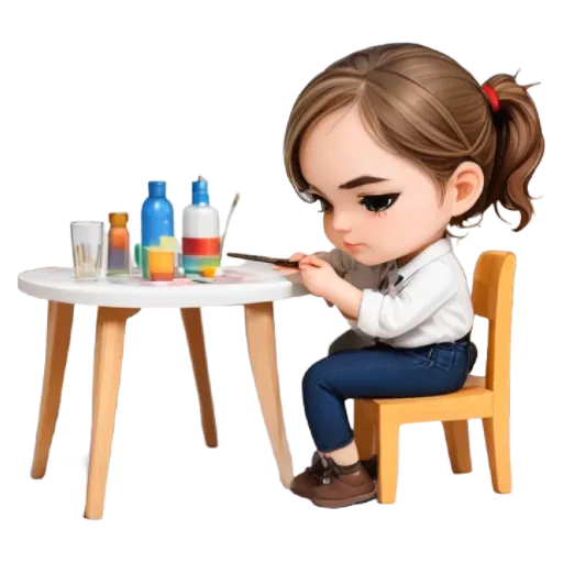 A girl is sitting at a table with a painting supplies.