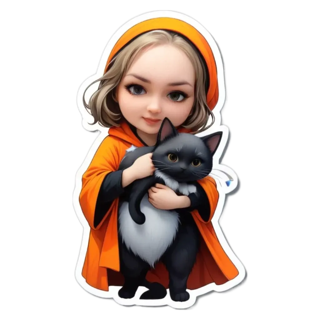 A cartoon girl holding a cat in a sticker.