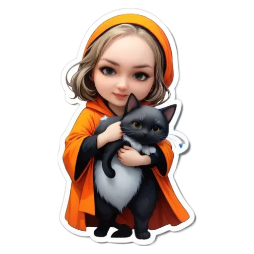 A cartoon girl holding a cat in a sticker.