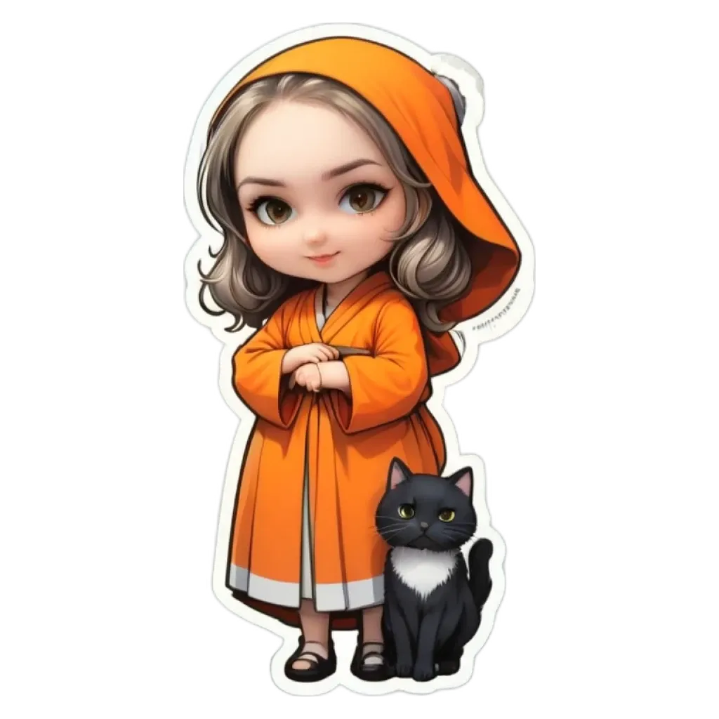 A cartoon girl standing with a cat that has yellow fur.