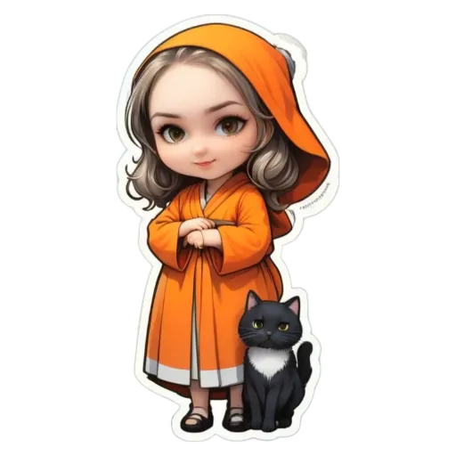 A cartoon girl standing with a cat that has yellow fur.