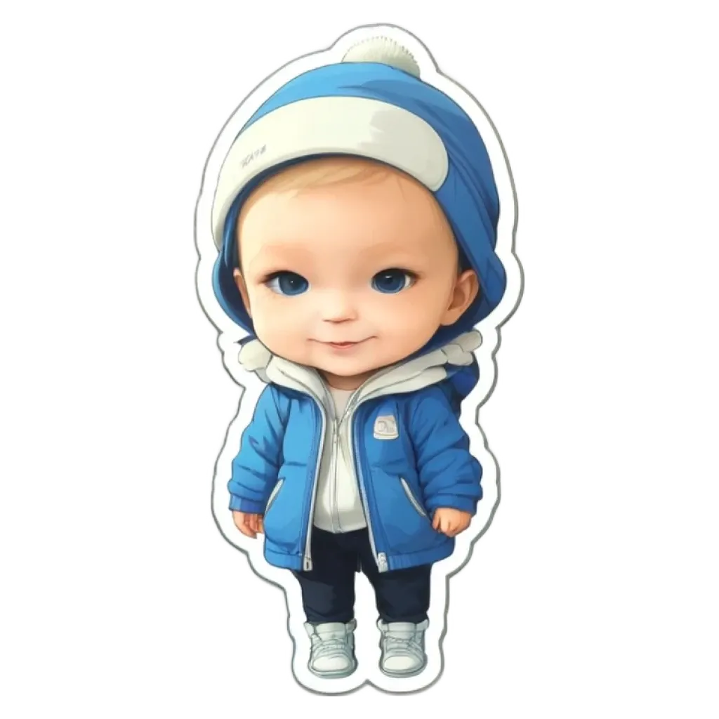 A cartoon picture of a boy wearing a blue coat.