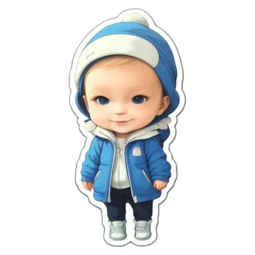 A cartoon picture of a boy wearing a blue coat.