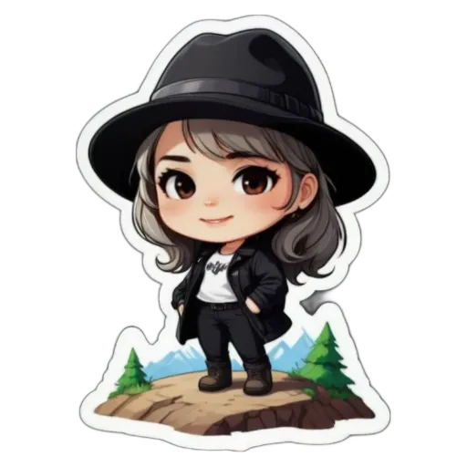A girl is standing on a cliff wearing a black coat and a black hat.