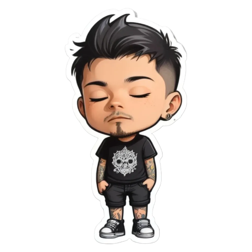 A boy is standing with his hands on his hips and a skull is on his shirt.